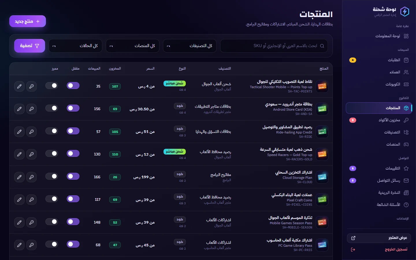 إدارة المنتجات: البحث والتصفية والمخزون والتفعيل